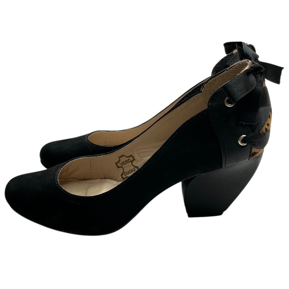 Biondini Black Leopard Calf Bow Block Heels - Picture 3 of 15